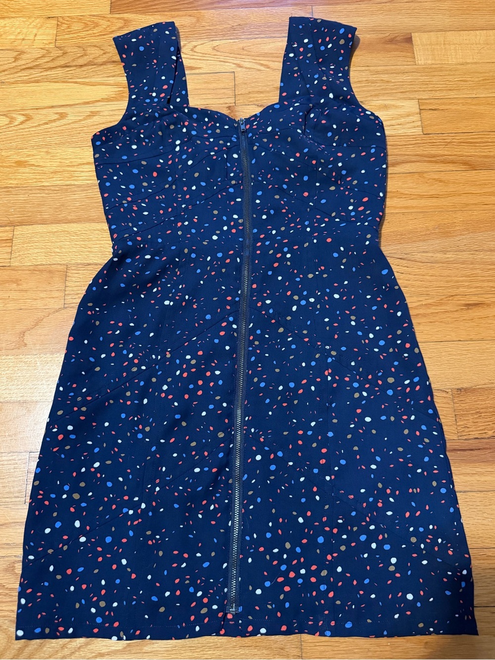 BCBGeneration Navy Sleeveless Zip-Front Mini Dress with Multicolor Dot Print